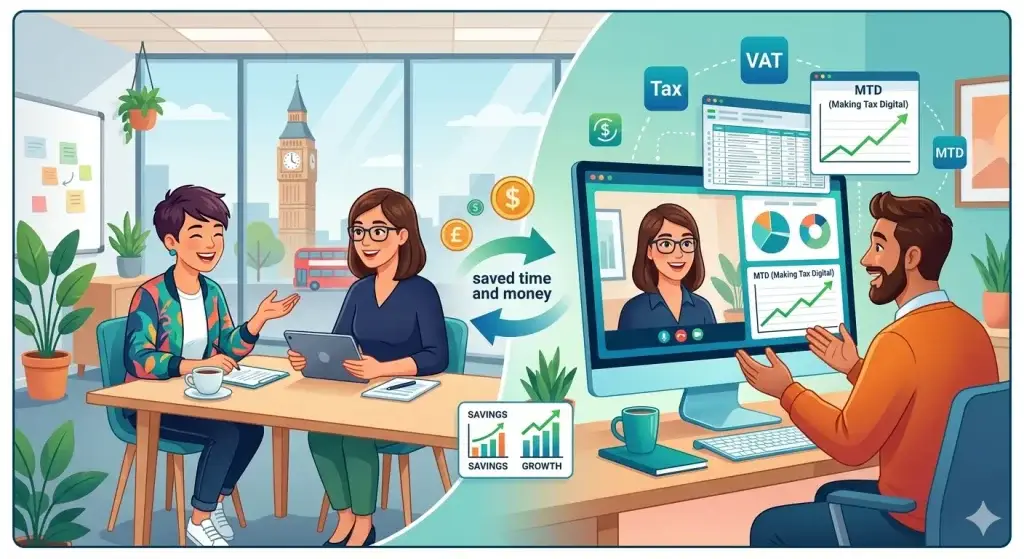 A modern digital illustration showing dual accounting services: on the left, an accountant and business owner discuss finances over coffee in an office with a London skyline view; on the right, the accountant assists a client via a video call featuring MTD (Making Tax Digital) graphs and spreadsheets. The image symbolizes a seamless blend of in-person and online professional accounting support.